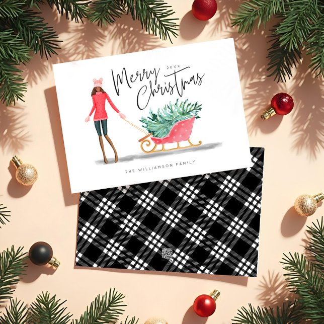 Merry Christmas Watercolor Christmas Girl Sleigh Holiday Card (Merry Christmas Watercolor Christmas Girl Sleigh Holiday Card)