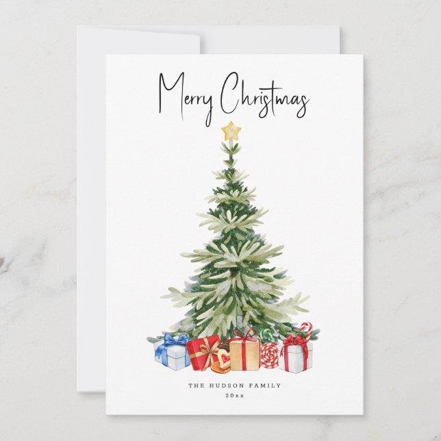 Merry Christmas Watercolor Christmas Tree Card (Front)