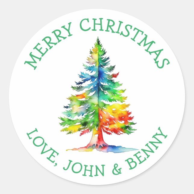 Merry Christmas Watercolor Christmas Tree Classic Round Sticker (Front)