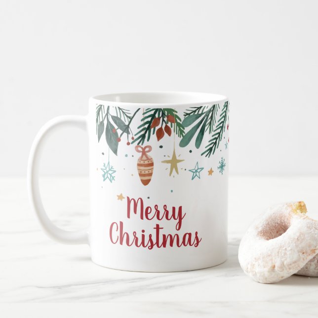 Merry Christmas, Watercolor Christmas Tree Gift Ta Coffee Mug (With Donut)