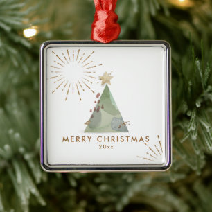 Merry Christmas Watercolor Christmas Tree Metal Ornament