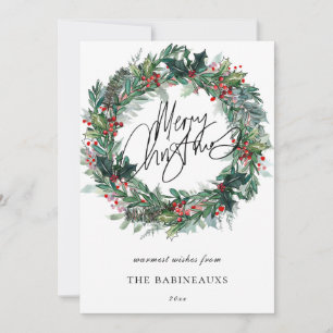 Merry Christmas Watercolor Christmas Wreath Holiday Card