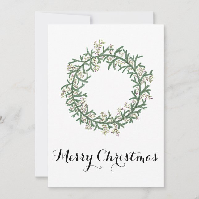 Merry Christmas, watercolor Christmas wreath Holiday Card (Front)