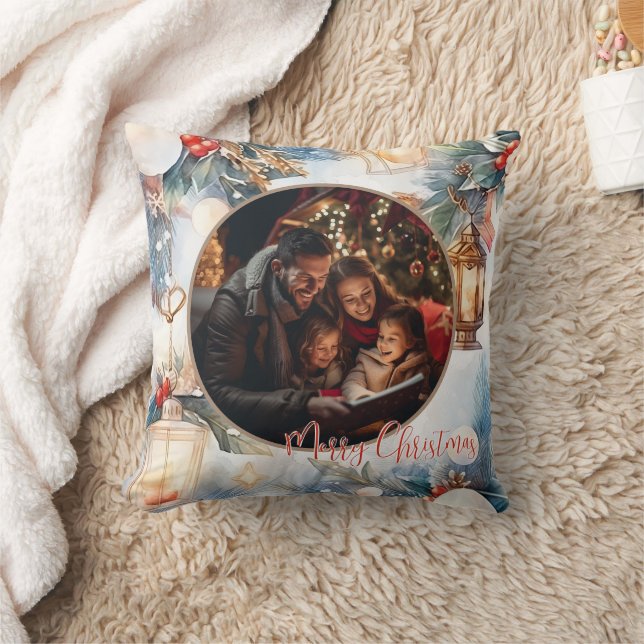 Merry Christmas Watercolor Decorative Photo  Cushion (Blanket)