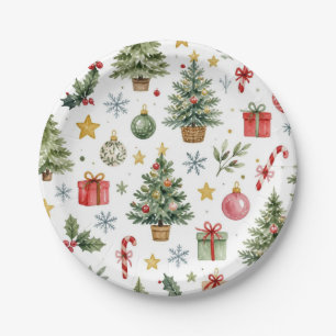 Merry Christmas Watercolor Festive Holiday Pattern Paper Plate
