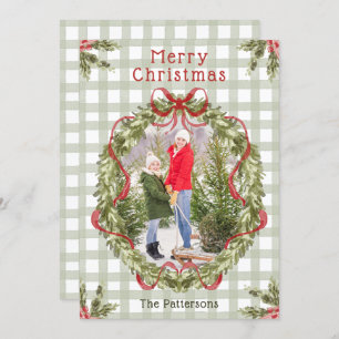 Merry Christmas Watercolor Floral Bow Family Photo Holiday Card