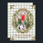 Merry Christmas Watercolor Floral Bow Family Photo Holiday Card<br><div class="desc">Merry Christmas Watercolor Floral Bow Family Photo Holiday Card Christmas Cards features a elegant grandmillenial design accented with a watercolor greenery wreath with a pink bow and ribbon with your favourite photo in the centre with the text overlay "Merry Christmas" in modern calligraphy script typography. Personalised your names or custom...</div>