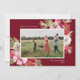 Merry Christmas Watercolor Flower Red Holiday Card