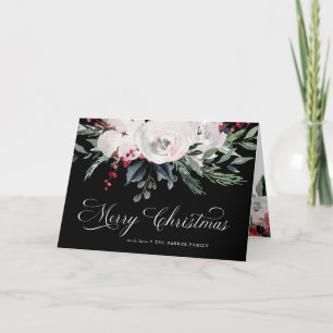 Merry Christmas Watercolor Flowers on Black Holiday Card