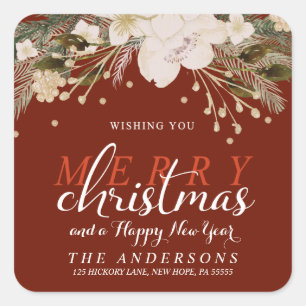 Merry Christmas Watercolor Flowers Return Address Square Sticker