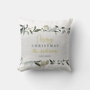 Merry Christmas watercolor foliage Christmas Cushion