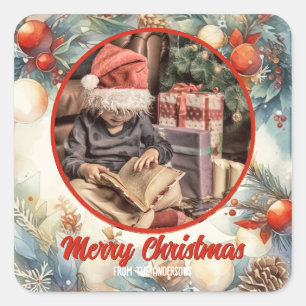 Merry Christmas Watercolor Foliage Greenery Photo Square Sticker
