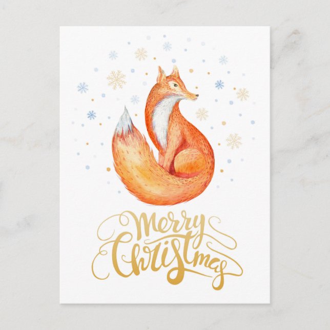 Merry Christmas Watercolor Fox and Snowflakes Card (Front)