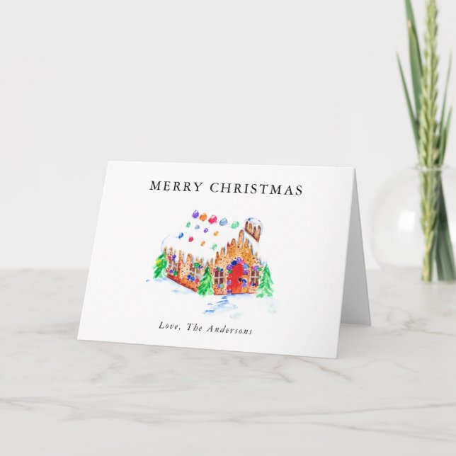 Merry Christmas Watercolor Gingerbread House Art H Holiday Card (Front)