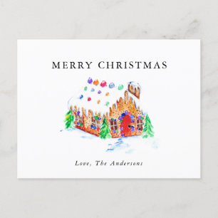 Merry Christmas Watercolor Gingerbread House Art  Holiday Postcard