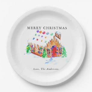 Merry Christmas Watercolor Gingerbread House Cute Paper Plate