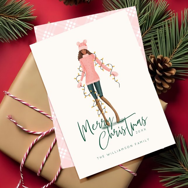Merry Christmas Watercolor Girl Wrapped In Lights Holiday Card (Merry Christmas Watercolor Girl Wrapped In Lights Holiday Card)