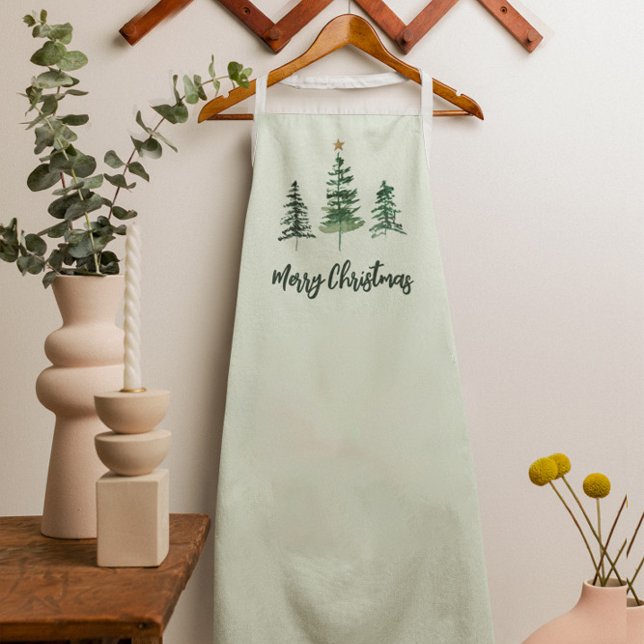 Merry Christmas Watercolor Gold star  Apron (Merry Christmas Green 3 Pine tree Holiday Apron)