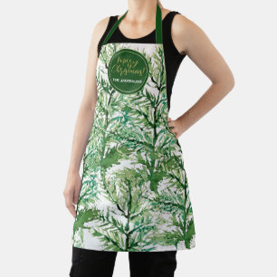 Merry Christmas Watercolor Green Art Tree Apron