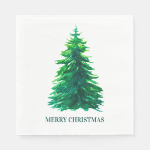 Merry Christmas. Watercolor green winter tree Napkin