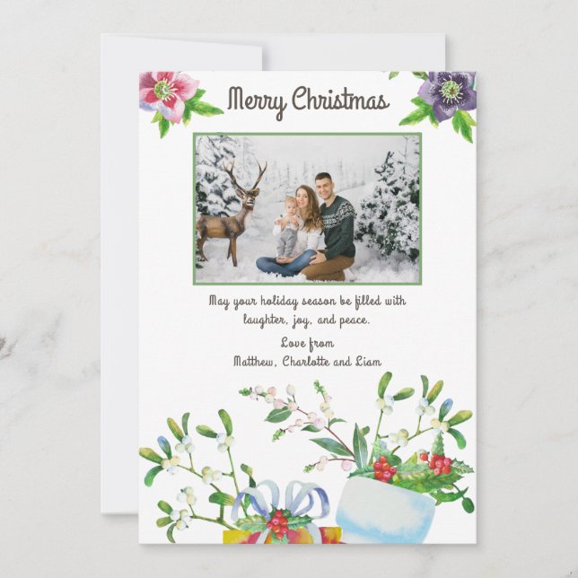 Merry Christmas Watercolor Holiday Floral Photo (Front)