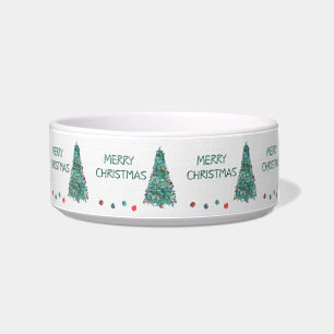 Merry Christmas Watercolor Holiday Tree Pet Bowl