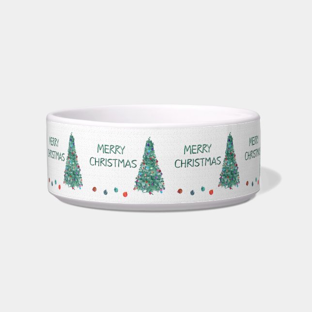 Merry Christmas Watercolor Holiday Tree Pet Bowl (Right)