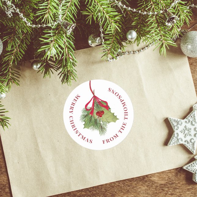 Merry Christmas Watercolor Holly Berries Greenery  Classic Round Sticker (Christmas red holly berries and greenery custom round sticker. )