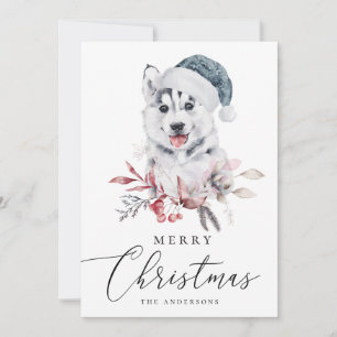 Merry Christmas. Watercolor husky. Cute animal Holiday Card