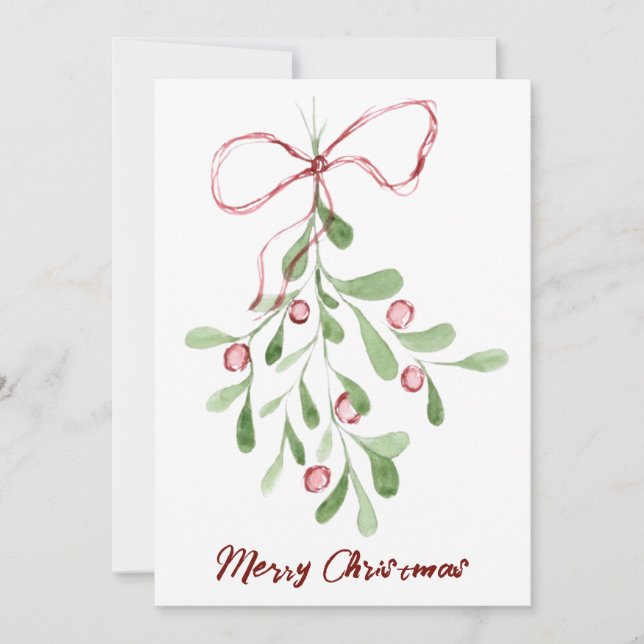 Merry Christmas Watercolor Mistletoe Holiday Card (Front)