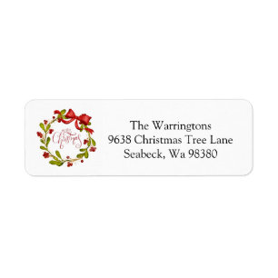 "Merry Christmas" Watercolor Mistletoe Wreath Return Address Label