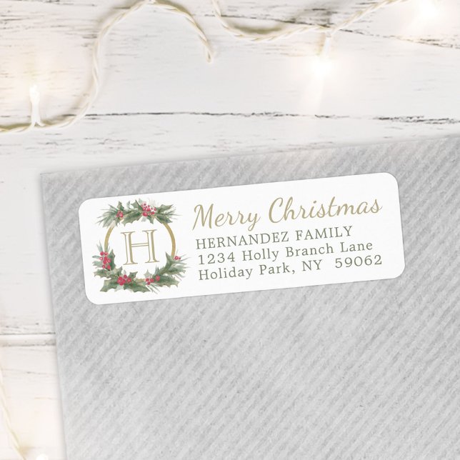 Merry Christmas Watercolor Monogram Return Address Label (Creator Uploaded)