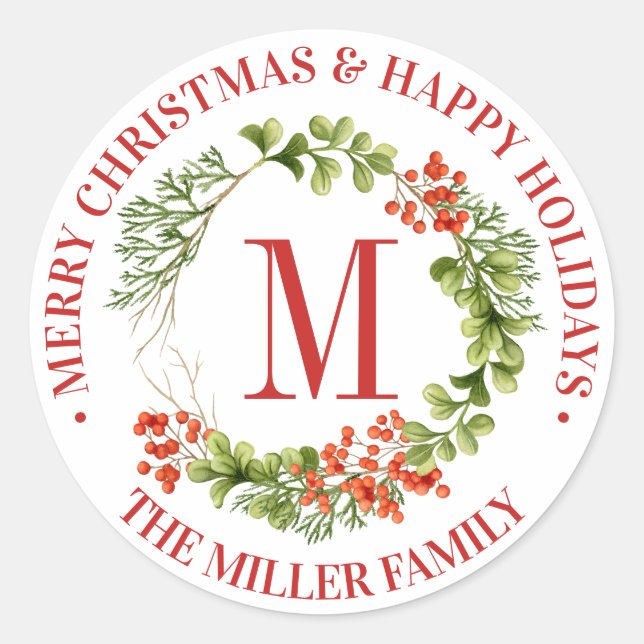 Merry Christmas | Watercolor Monogram Wreath Classic Round Sticker (Front)