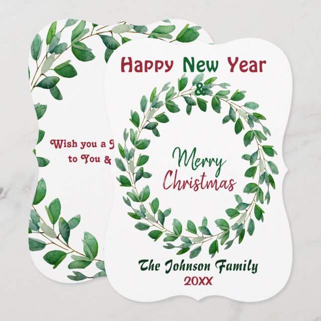  Merry Christmas Watercolor New Year Green Wreath (Front/Back)
