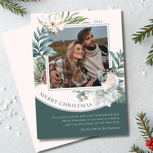 Merry Christmas Watercolor Newlywed Floral Photo (Creator Uploaded)