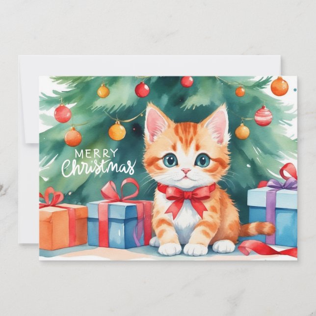 Merry Christmas Watercolor Orange Kitten  Holiday Card (Front)