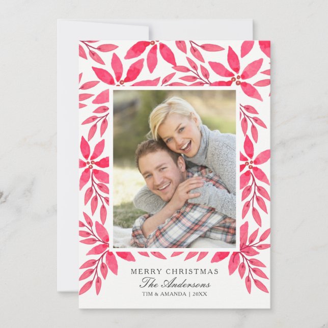 Merry Christmas Watercolor Painted Poinsettia Holiday Card (Front)