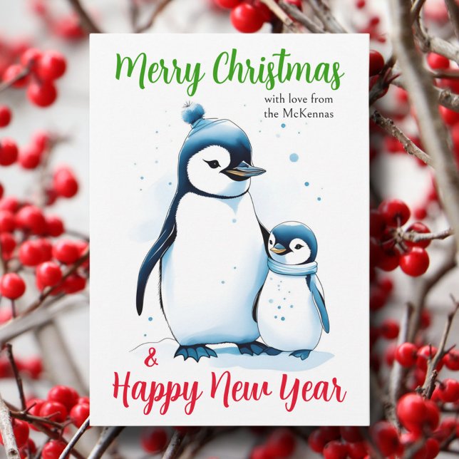 Merry Christmas Watercolor Penguins Christian  Holiday Card (Creator Uploaded)
