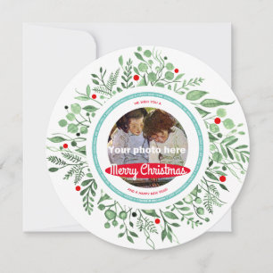 Merry Christmas Watercolor Photo Wreath Holiday Card