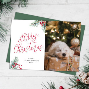 Merry Christmas Watercolor Pine and Berries Holiday Card