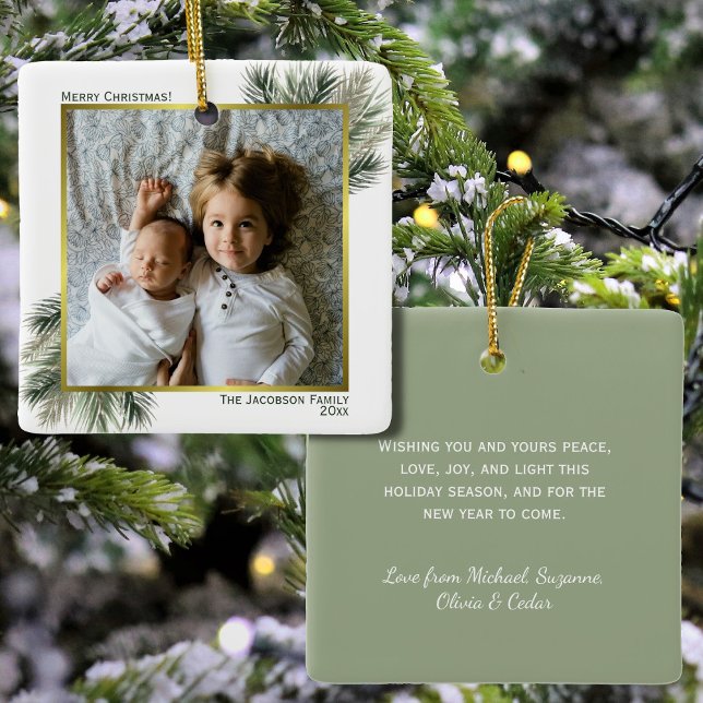Merry Christmas Watercolor Pine Gold Photo Frame Ceramic Ornament (In Situ Front/Back)