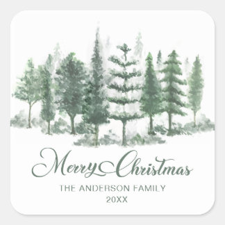 Merry Christmas Watercolor Pine tree forest Square Sticker