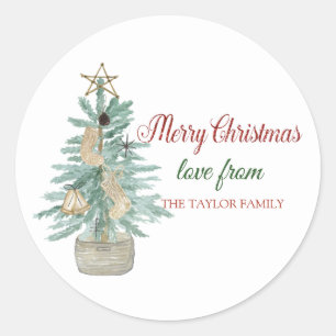 Merry Christmas,Watercolor Pine Tree,Star Classic Round Sticker