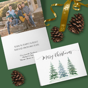 Merry Christmas Watercolor Pine Trees Photo Inside Holiday Card