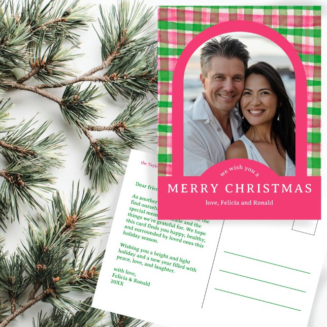 MERRY CHRISTMAS Watercolor Plaid CUSTOM Arch PHOTO Postcard (MERRY CHRISTMAS Watercolor Plaid Preppy Chic CUSTOM Arch PHOTO Pink Green Postcard
)
