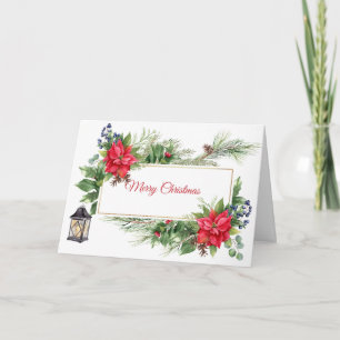 Merry Christmas Watercolor Poinsettia, Berries Card