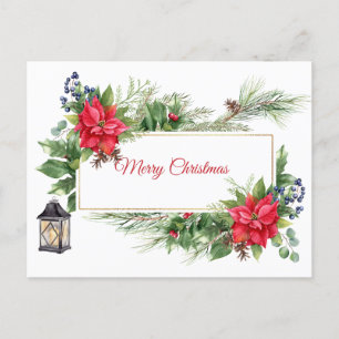 Merry Christmas Watercolor Poinsettia, Berries Holiday Postcard