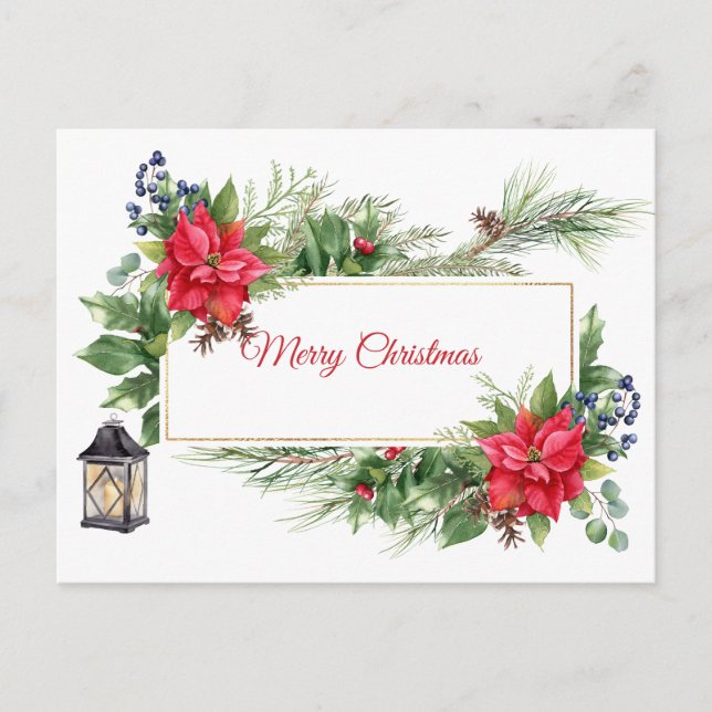 Merry Christmas Watercolor Poinsettia, Berries  Holiday Postcard (Front)