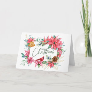 Merry Christmas Watercolor Poinsettia Flowers Holiday Card