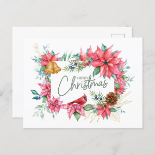 Merry Christmas Watercolor Poinsettia Flowers Postcard
